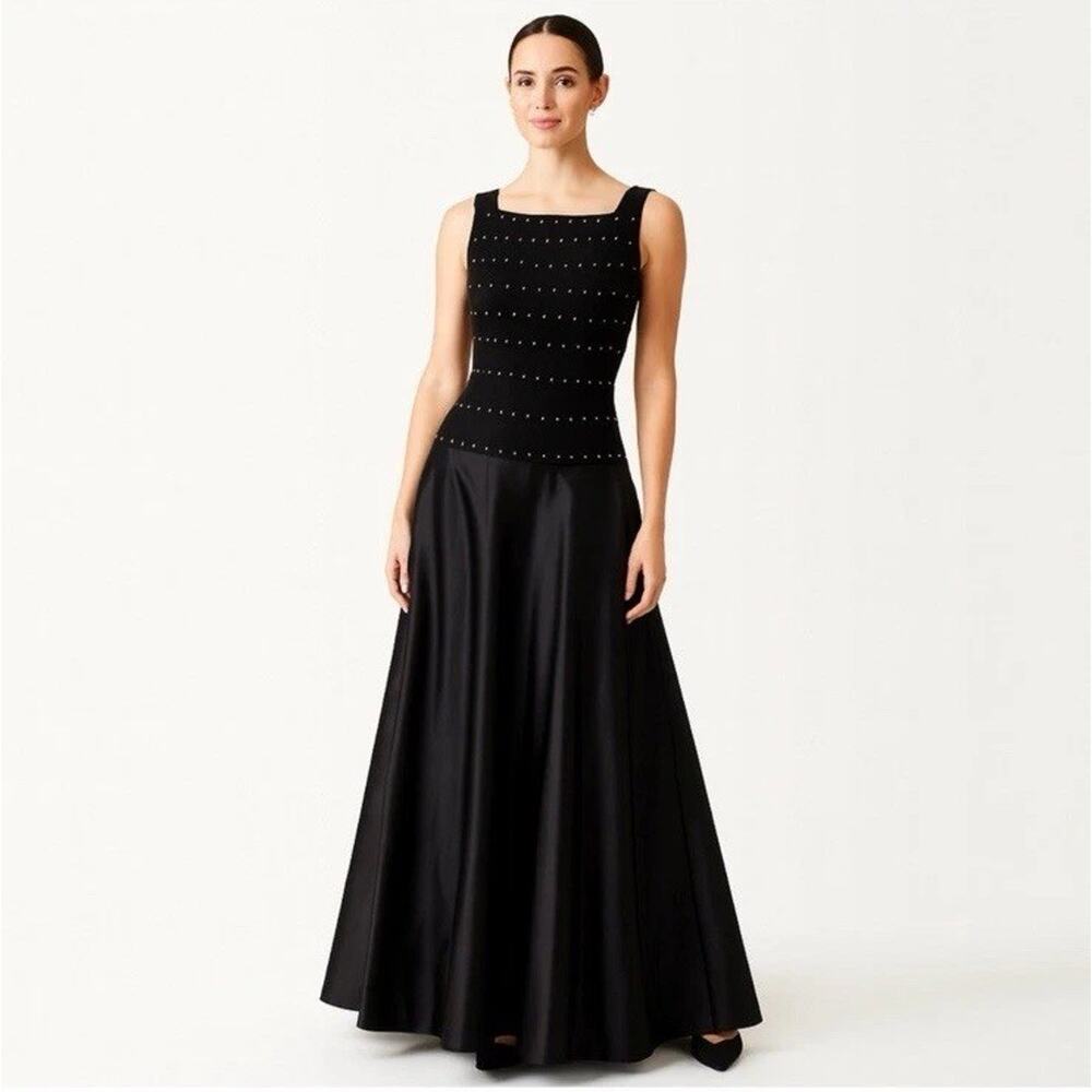 Vintage Tadashi Shoji Black Satin Skirt Rhinestone Velvet Long Gown Dress Size 8